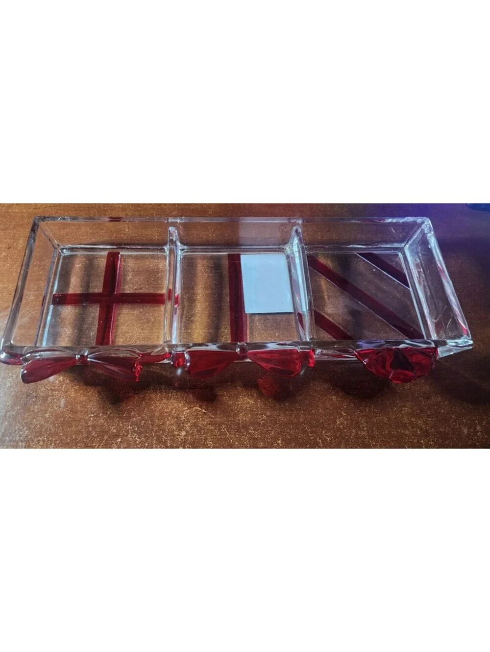 Sleigh Bell Bistro Red Ribbon Glass Tray and Gift Box Set